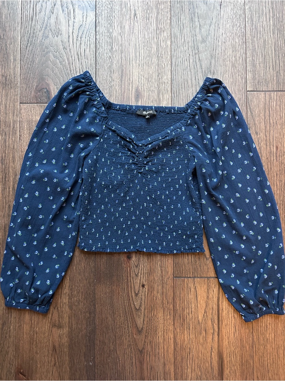 Madewell Lucille Balloon Sleeve Smocked Top in a Navy Blue Floral Print